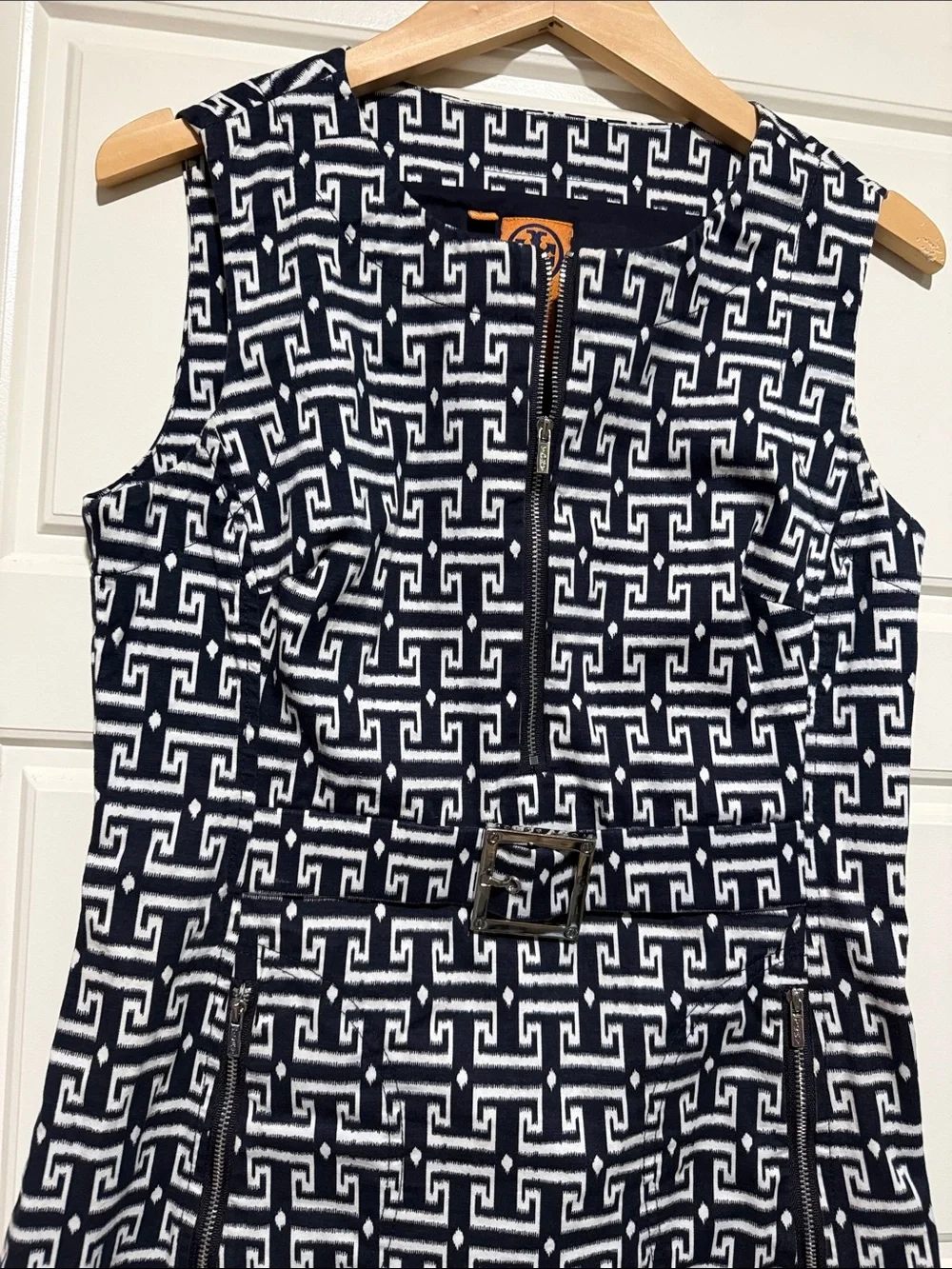 Tory Burch Navy and White Geo-Print Sleeveless Midi Dress